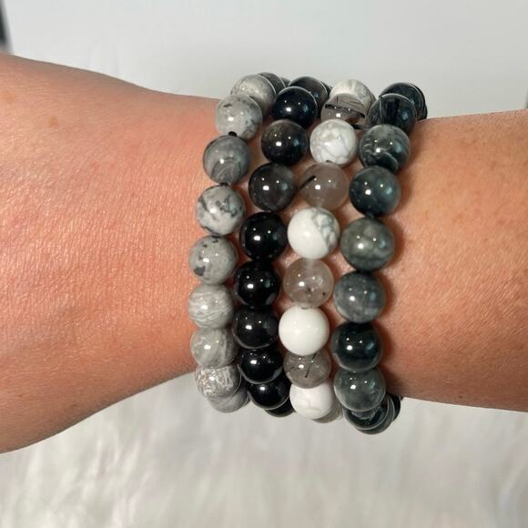Black & White Crystal Bracelet Stack- Jasper, Obsidian & Black Tourmaline + more - Picture 2 of 4
